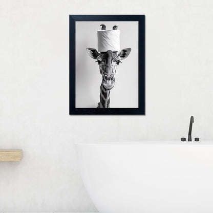 Bathroom Picture Wall Decor, Framed Black and White Bathroom Wall Art, Toilet Paper in Little Funny Raccoon's Hand Animal Canvas Print Painting