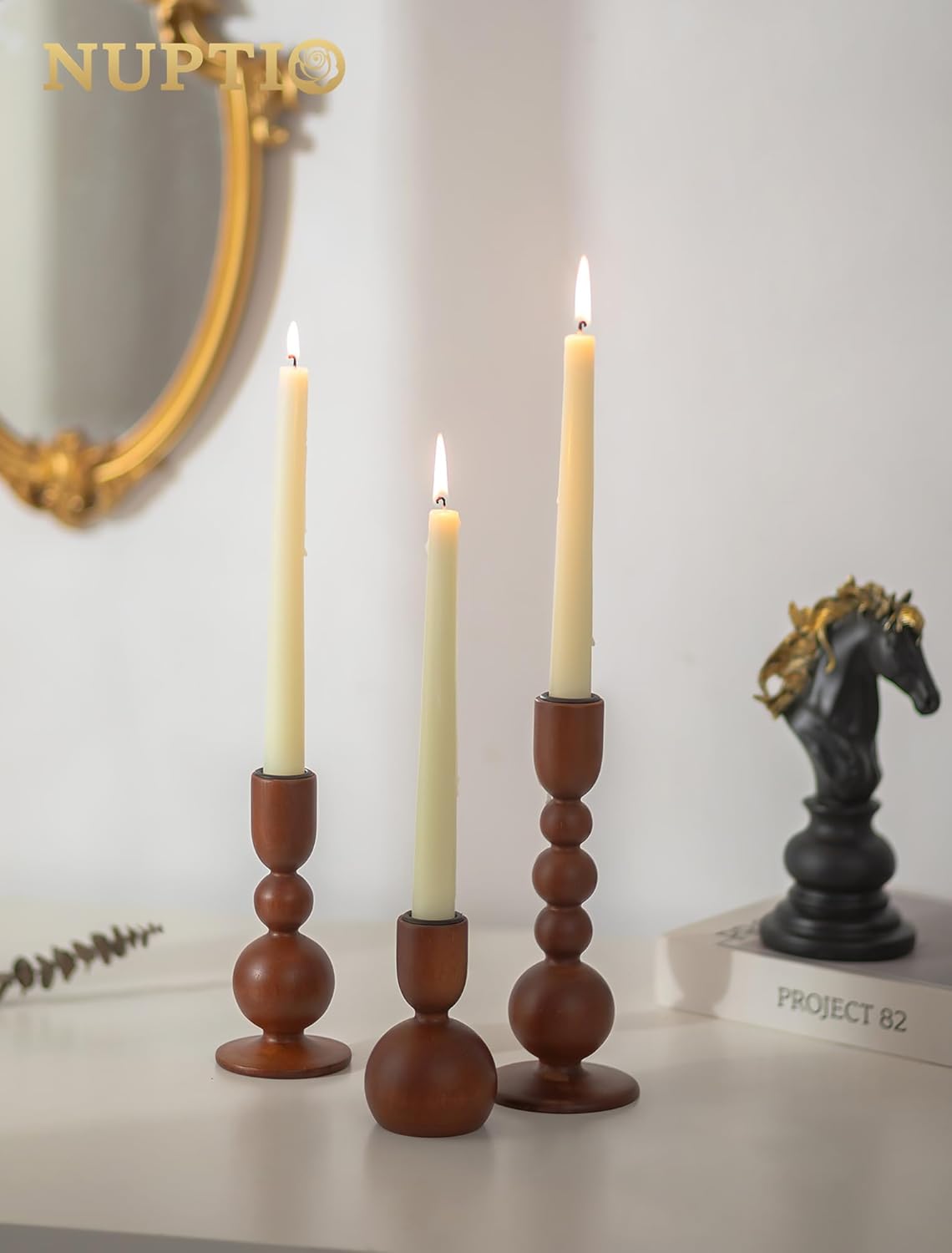 NUPTIO Candle Stick Holders Decor: Set of 3 Farmhouse Wooden Taper Candle Holders - Rustic Sage Green for Home Coffee Dinner Table