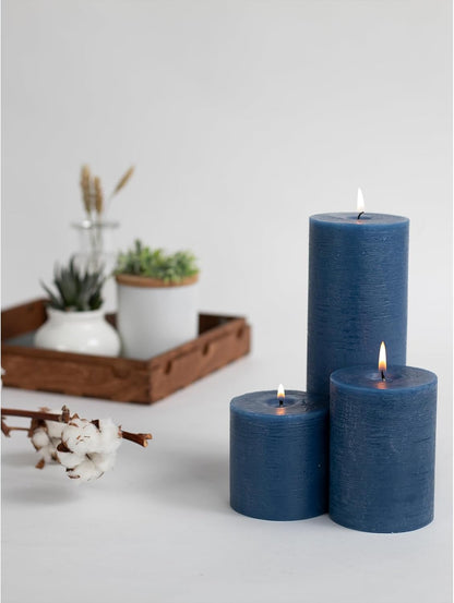 CANDWAX 3x4 inch Pillar Candles Set of 3 – Unscented Dripless Rustic Dark Blue Candles for Room Decor, Weddings, Centerpieces