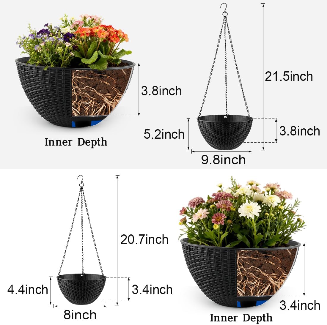 RooTrimmer Hanging Planters for Indoor Outdoor Plants 8 and 10 Inch, 4 Packs Hanging Flower Pot with Drainage Holes, Self-Watering Hanging Basket Perfect for Home, Office and Garden, White
