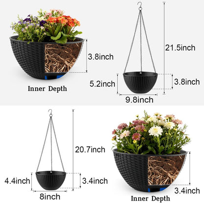 RooTrimmer Hanging Planters for Indoor Outdoor Plants 8 and 10 Inch, 4 Packs Hanging Flower Pot with Drainage Holes, Self-Watering Hanging Basket Perfect for Home, Office and Garden, White