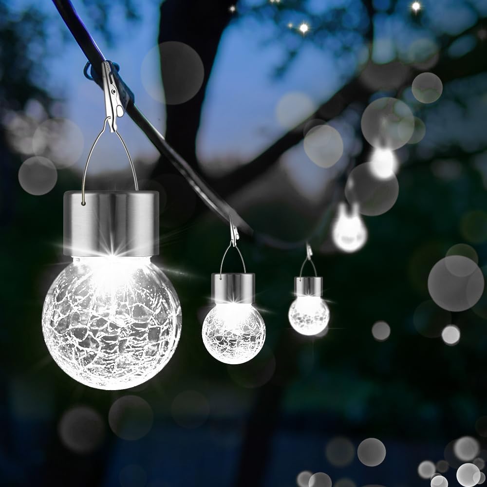 Solar Outdoor Lights Decorative 12 Pack, Hanging Solar Garden Lights Waterproof, Solar Powered Globe Cracked Glass Ball Lantern for Yard Patio Fence Tree Umbrella Holiday Decoration, Warm White