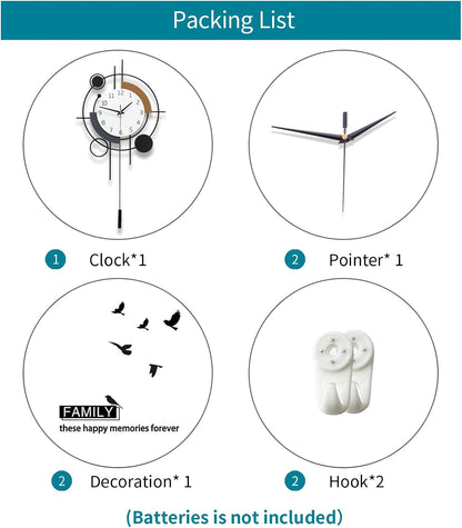 Decorative Wall Clock for Living Room Decor Large Modern Wall Clocks with Pendulum Battery Operated for Bedroom Office Kitchen Home Small Black Silent Wall Clock Non Ticking 11.8*22.4 Inch