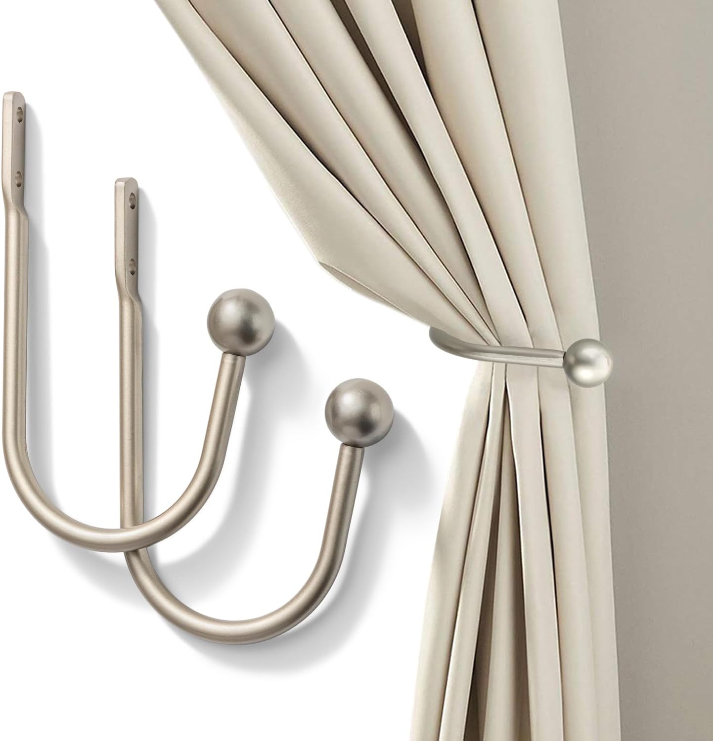 2 Pack Curtain Holdbacks - Silver, Decorative Drapery Wall Hooks with Hardware, Curtain Pull Back Hooks, Metal Curtain Tiebacks Wall Mounted, Window Side Holders for Drapes, Curtain Accessories