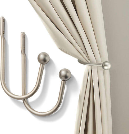 2 Pack Curtain Holdbacks - Silver, Decorative Drapery Wall Hooks with Hardware, Curtain Pull Back Hooks, Metal Curtain Tiebacks Wall Mounted, Window Side Holders for Drapes, Curtain Accessories