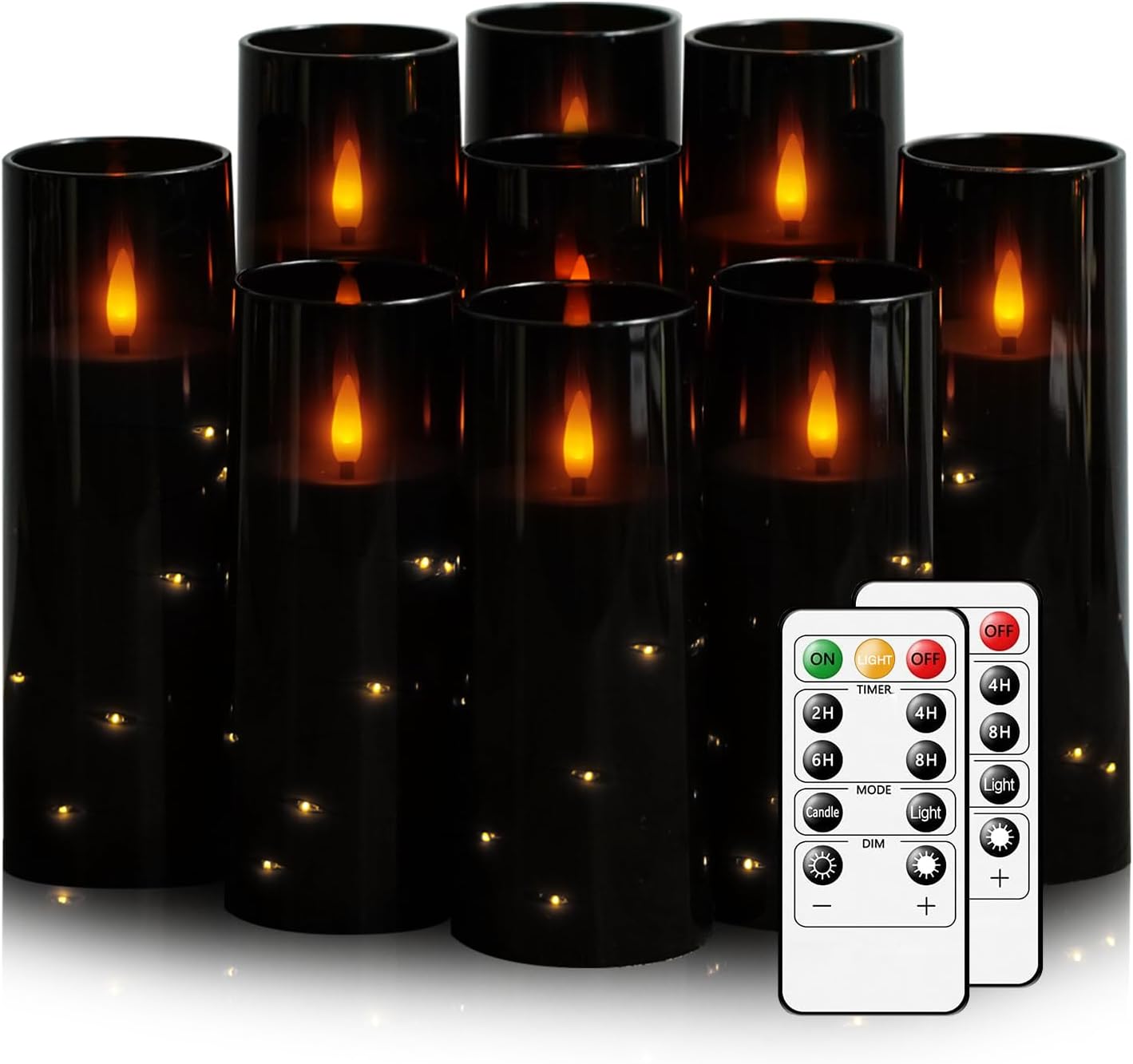 Nimiko Flickering Flameless LED Candles, 9 Pcs with Embedded Star String, Acrylic LED Pillar Candles with Remote, Suitable for Home Decoration (White)