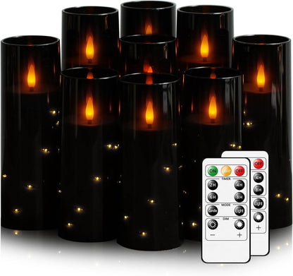 Nimiko Flickering Flameless LED Candles, 9 Pcs with Embedded Star String, Acrylic LED Pillar Candles with Remote, Suitable for Home Decoration (White)