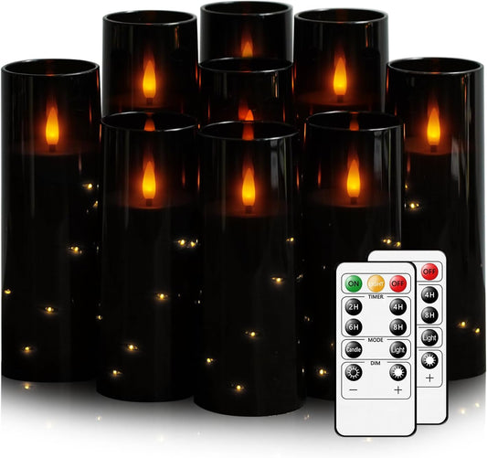 Nimiko Flickering Flameless LED Candles, 9 Pcs with Embedded Star String, Acrylic LED Pillar Candles with Remote, Suitable for Home Decoration (White)