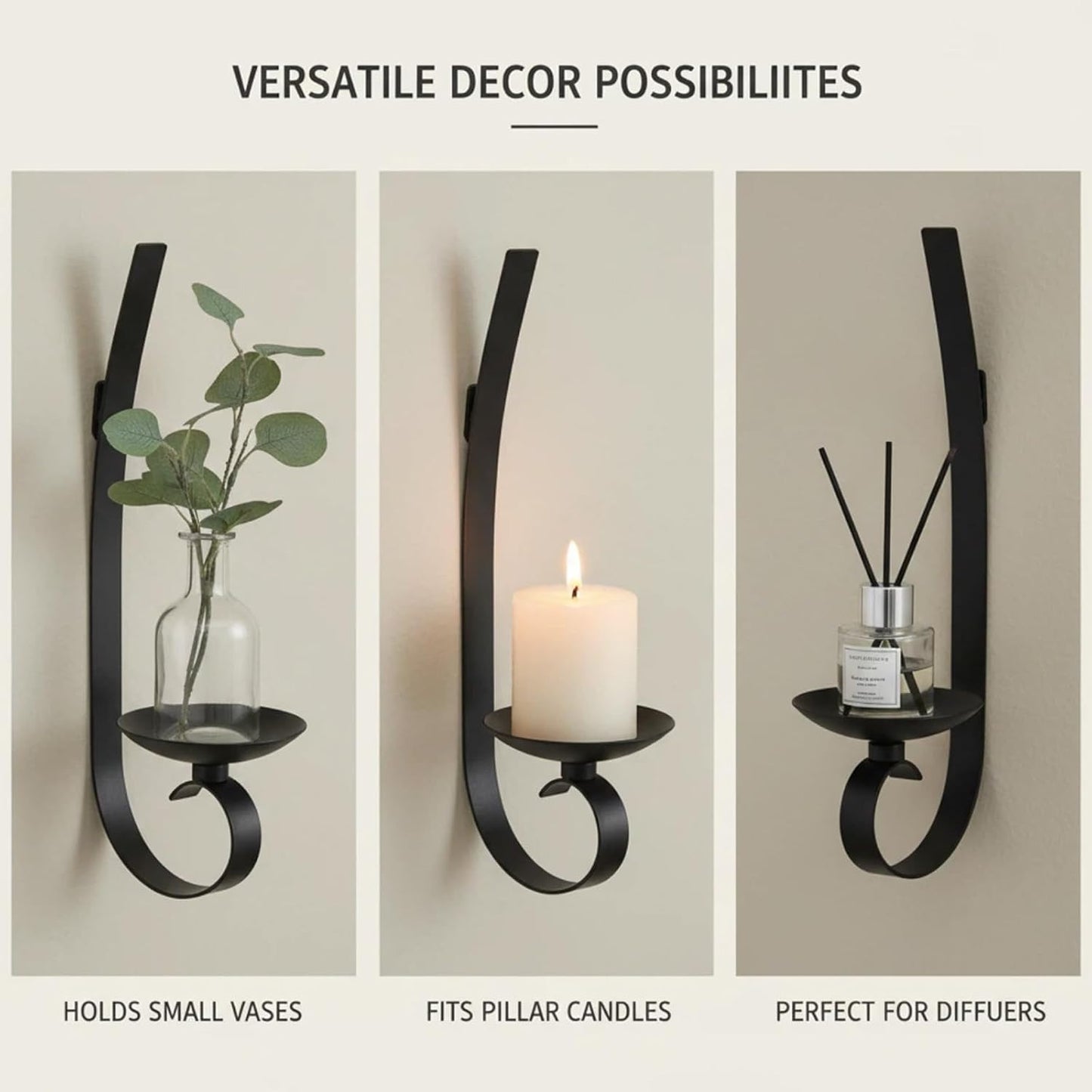 Set of 2 Black Wrought Iron Wall Mount Candle Sconces - Farmhouse Style Hanging Candle Holders for Living Room, Bathroom, Dining Room, and Window Decor (2, Black-B Style)