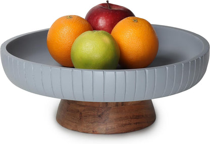 Mango Wood fruit bowl, Decorative black bowl with natural finish pedestal | 12" dia | Dual tone look | Use as Centerpiece for kitchen counter or dining table (Black)