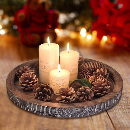 Round Decorative Tray for Coffee Dining Table Countertop Small Wooden Serving Trays Farmhouse Kitchen Home Living Room Decor and Bathroom Accessories Tray Black Rustic Wood Candle Centerpiece Trays