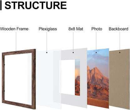 Vittanly 8x10 Picture Frames Set of 9, Shatter Resistant Plexiglass, Display 5x7 Pictures with Mat or 8x10 without Mat, Photo Frames for Wall or Tabletop, Engineered Wood, Black - Colors A