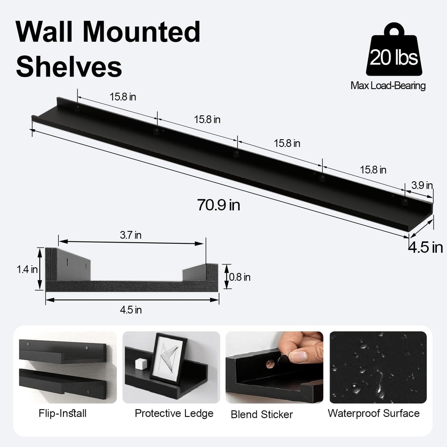 White Floating Shelves for Wall Decor, Wall Mounted Wood Storage Shelf for Bedroom, Living Room, Bathroom, Kitchen, Nursery, Display Picture Ledge Shelf with Lip Set of 2-14 Inches, White