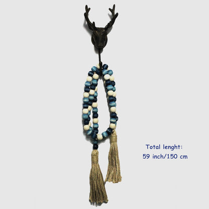 CVHOMEDECO. Wood Beads Garland with Tassels Farmhouse Rustic Wooden Prayer Bead String Wall Hanging Accent for Home Festival Decor. Mix Distressed
