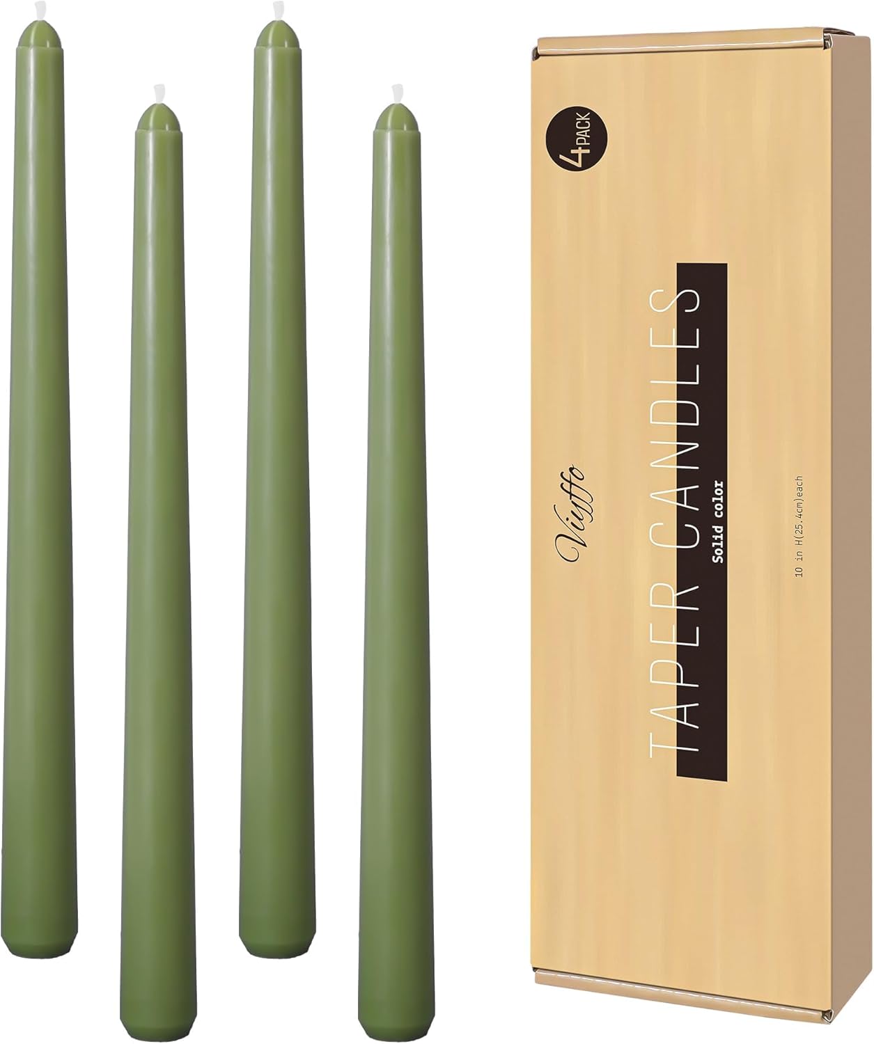 Viyffo Taper Candles, 10 Inch, 4 Pack, Olive Glow – Unscented, Dripless & Smokeless Design, Up to 8 Hour Burn – Long Tall Taper Candlesticks for Wedding, Dinner & Home Decor