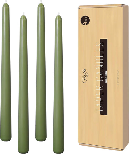 Viyffo Taper Candles, 10 Inch, 4 Pack, Olive Glow – Unscented, Dripless & Smokeless Design, Up to 8 Hour Burn – Long Tall Taper Candlesticks for Wedding, Dinner & Home Decor