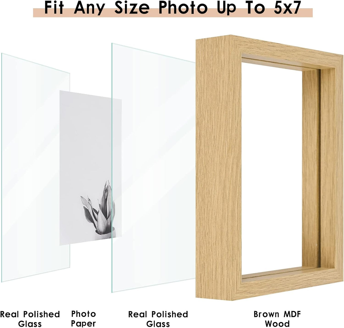 MUYE 11x14 Floating Frame Set of 2,Double Glass Rustic Frame,Display Any Size Photo up to 11x14,Wall Mount or Tabletop Standing,Natural