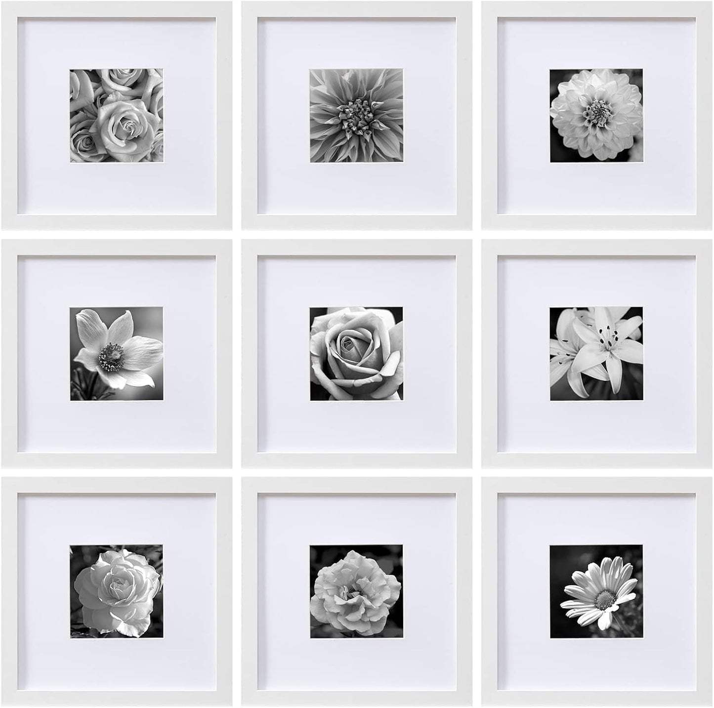 eletecpro 12x12 Picture Frames Set of 9 with Clear Acrylic Cover, Display 8x8 Photos with Mat or 12x12 Without, Classic and Sturdy Square Collage Gallery Wall Decor, Easy Wall Mount, Black