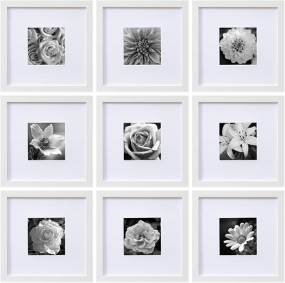 eletecpro 12x12 Picture Frames Set of 9 with Clear Acrylic Cover, Display 8x8 Photos with Mat or 12x12 Without, Classic and Sturdy Square Collage Gallery Wall Decor, Easy Wall Mount, Black