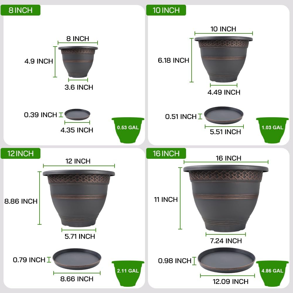 Usocik 10 Inch 4 Pack Plant Pots, Plastic Flower Pot for Indoor & Outdoor with Drainage Holes & Saucer, Plaid Pattern Planters Garden Pots for Herbs