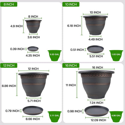 Usocik 10 Inch 4 Pack Plant Pots, Plastic Flower Pot for Indoor & Outdoor with Drainage Holes & Saucer, Plaid Pattern Planters Garden Pots for Herbs