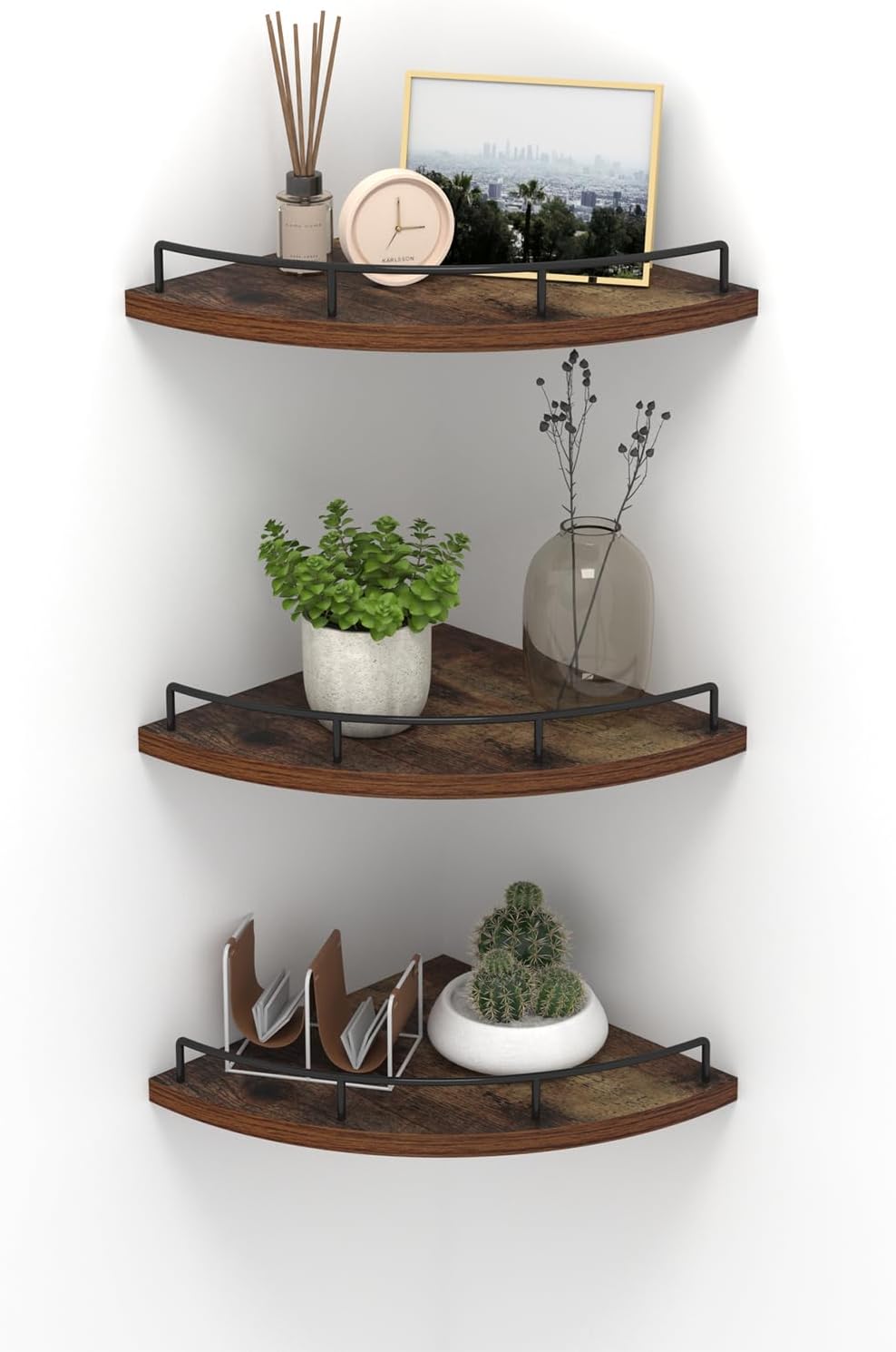 HORLIMER Floating Corner Shelf Wall Mount, 3 Pack Rustic Wood Corner Wall Shelves with Fence for Bedroom, Bathroom, Kitchen, Living Room, Brown
