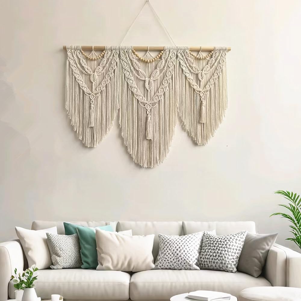 guzhiou large macrame wall hanging - Boho Tapestry Macrame Wall Decor Art- Chic Bohemian Handmade Woven Tapestry Home Decoration for Bedroom Living Room Apartment Wedding Party - 43"x32" (Wood bead)