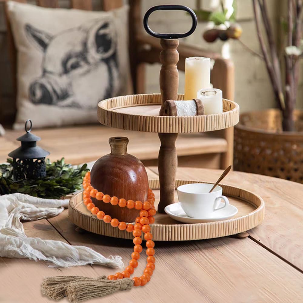 Wood Bead Garland 58 Inch Nature Wooden Beads for Boho Farmhouse Table Home Decor with Tassel, Wooden Prayer Bead, Rustic Country Boho Wall Hanging Decor for Kitchen Modern Living Room Tray Vase Shelf