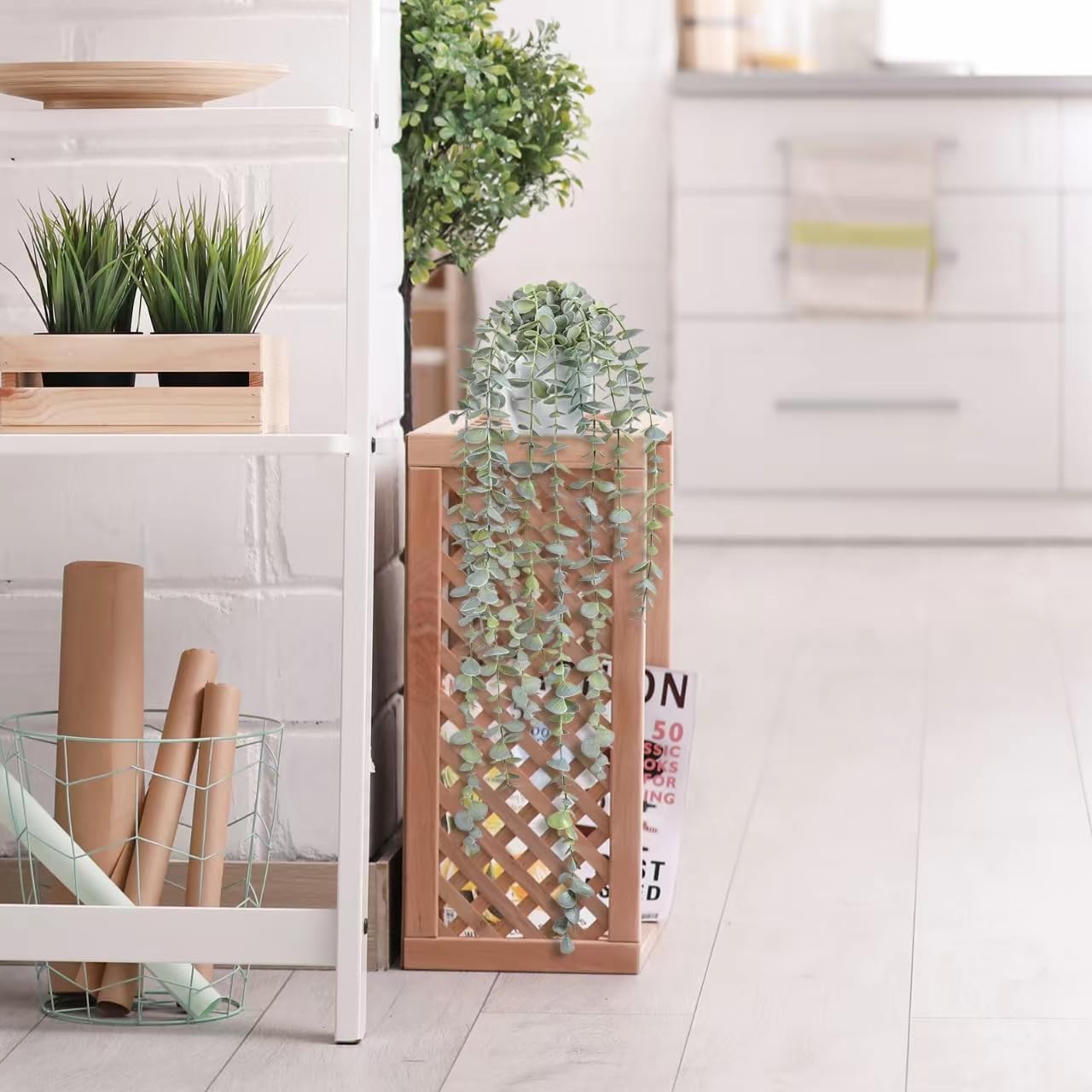Decorative Hanging Plants for Shelf, Faux Ivy Eucalyptus Vine, Fake Greenery in White Bigger Pot (Light Green, 1PCS)