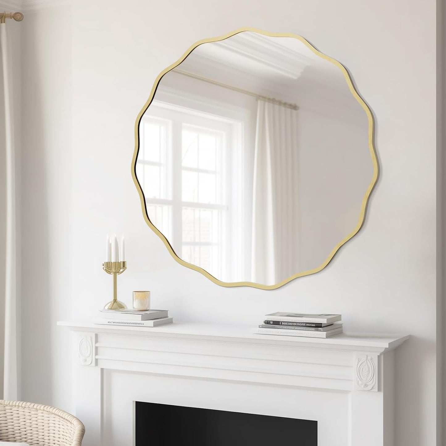 WallBeyond Round Wavy Mirror for Wall Decorative 24 inch, Modern Round Mirror Aluminum Frame for Bathroom Bedroom Living Room Home House Office Entryway, Gold