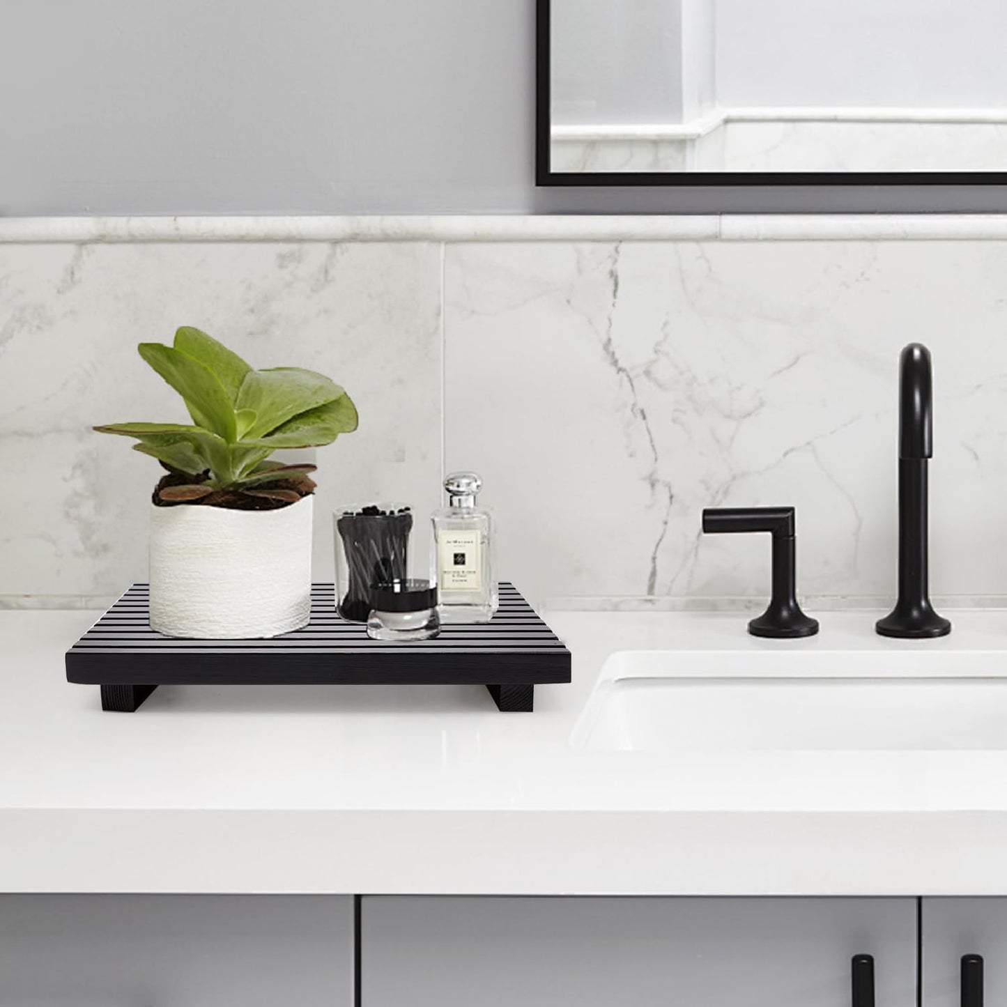 Renawe Farmhouse Bathroom Counter Tray Wood Display Pedesta Stand Kitchen Countertop Trays Decorative Wooden Riser Dish Soap Dispenser Holder for Bathroom Sink Accessories Kitchen Decor Vanity Tray