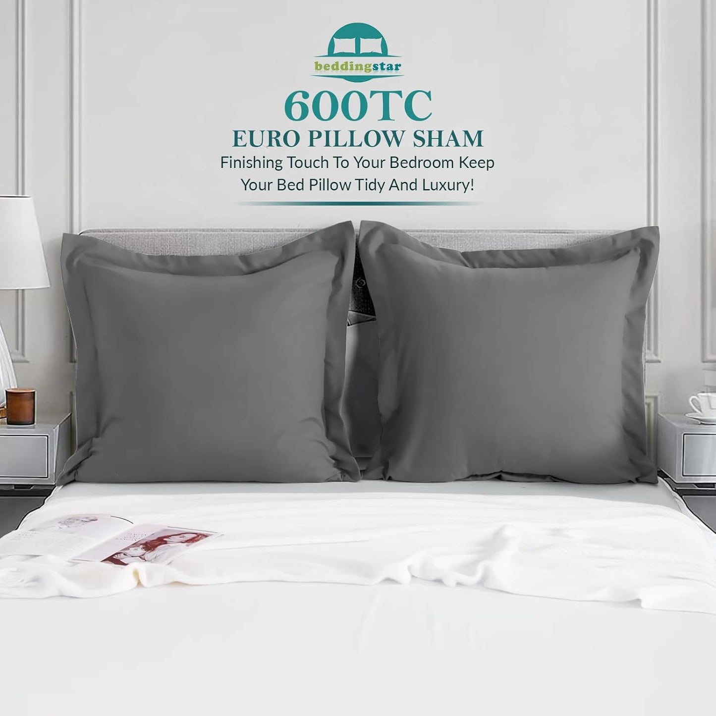 Euro Sham Covers 26x26 Set of 2 White 600 Thread Count 100% Egyptian Cotton Pack of 2 Euro 26x26 Pillow Covers Cushion Cover Cases Soft Skin Friendly European Size Decorative Square Pillow Shams