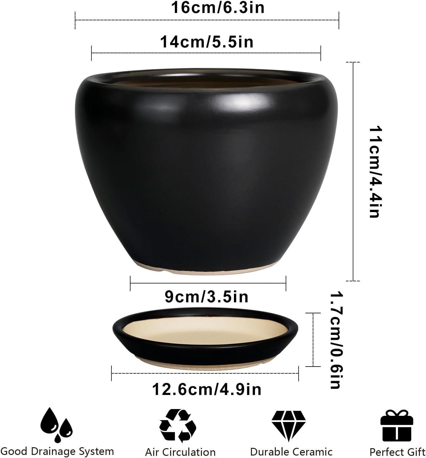 Ceramic Modern Glaze Succulent Planter Pot with Drainage Hole and Saucer 6 Inch Round Flower Plant Pot for Indoor Outdoor Herb Snake Plants