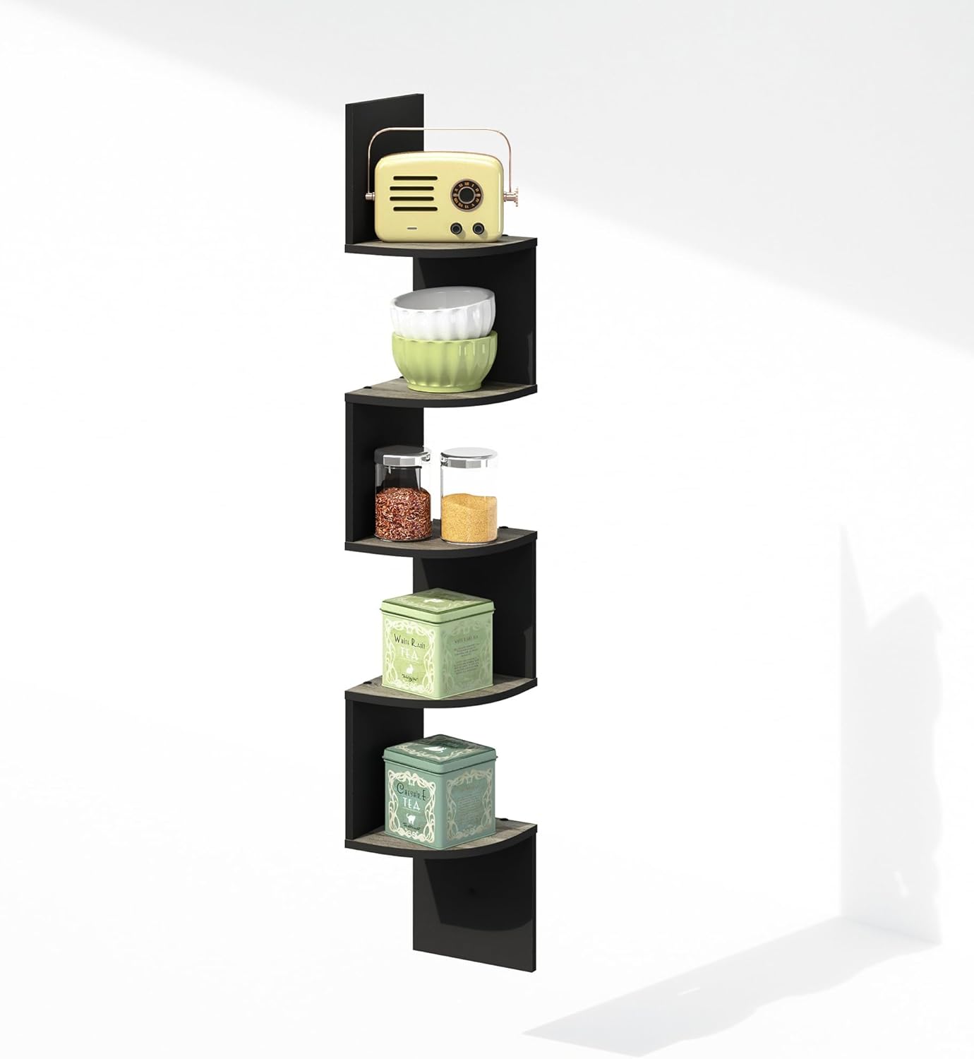 Furinno Rossi 5-Tier Wall Mount Floating Radial Corner Shelf, White