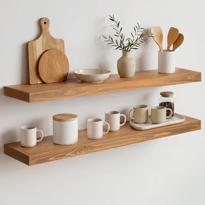 Homeforia 24 inch Natural Floating Shelf, High End Solid Real Wood 24inch Small Floating Shelves for Wall Mounted, Natural Wooden Floating Shelves, Heavy Duty Bracket, 24 X 6.5 X 1.75 in, Set of 2