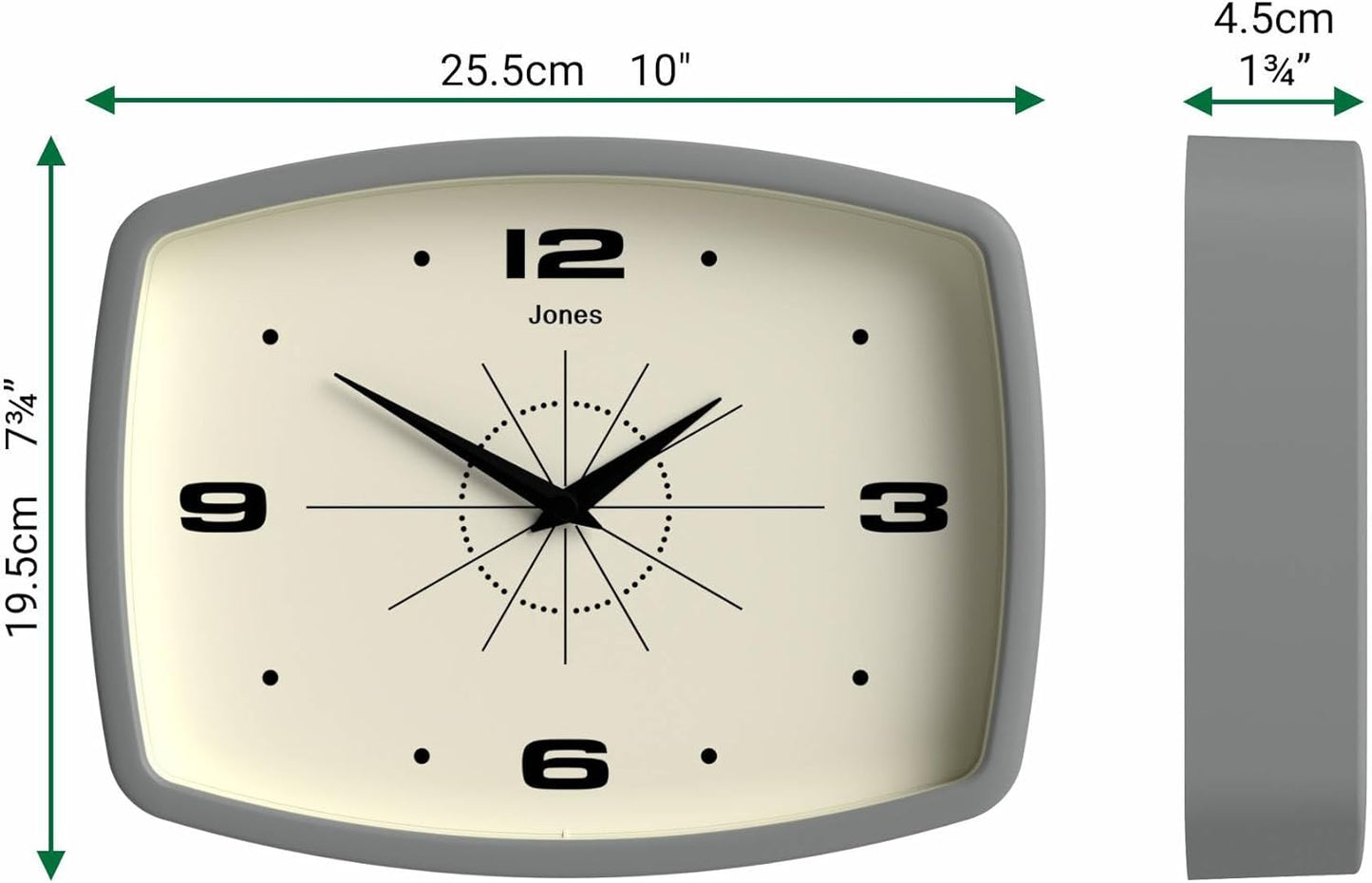 JONES CLOCKS® Movie wall Clock | Retro Rectangular Clock | 10 inch | Orange | Cool mid-Century Designer Look for Kitchen, Living Room or Office