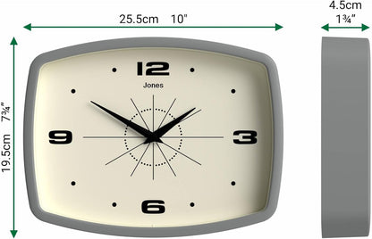 JONES CLOCKS® Movie wall Clock | Retro Rectangular Clock | 10 inch | Orange | Cool mid-Century Designer Look for Kitchen, Living Room or Office