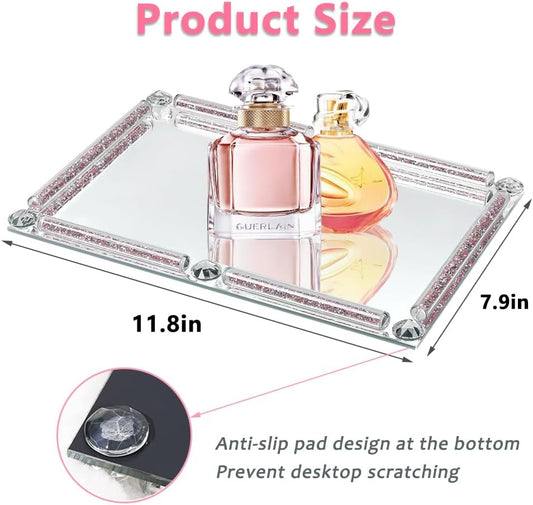Crystal Glass Tray, Modern Mirror Jewelry Dresser Trinket Trays with Crushed Diamond, 11.8" x 7.9"Rectangular Makeup Perfume Tray for Bathroom Bedroom, Home Decor, Hotel Banquet, Party(Silver)