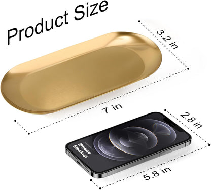 Vaincre Gold Decorative Jewelry Tray - 2PCS Stainless Steel Oval Trinket Ring Holder Dish, 7” Small Bathroom Vanity Kitchen Jewelry Plate Tray Decor for Storing Perfumes, Cosmetics, Candles, Key