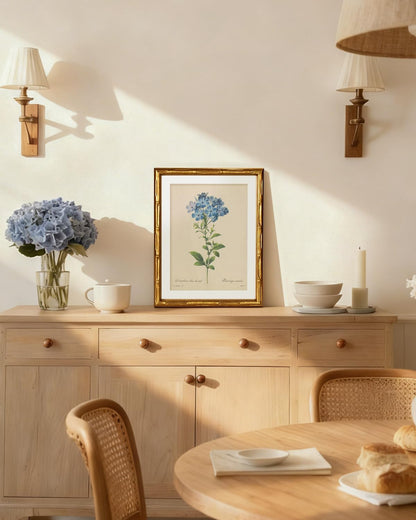 InSimSea Gold Bamboo Framed Canvas Wall Art, Retro Blue Hydrangea Botanical Prints, Antique Flowers Picture Frame with Mat, Victorian Home Wall Decor for Kitchen Living Room Bedroom, 11x14inch
