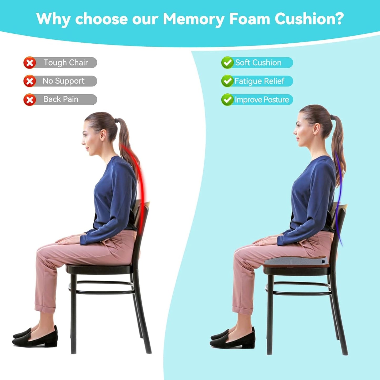 Seat Cushions for Office Chairs Wheelchair Cushion for Long Sitting Back Pain，Memory Foam Seat Car Computer Desk Chair Cushion，Coccyx Cushion for Tailbone Pain Relief Cushion Office Chair Black