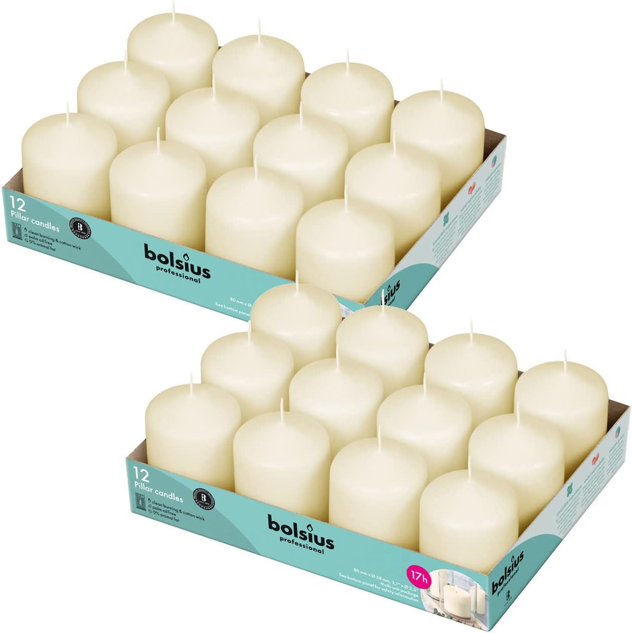 BOLSIUS 12 Ivory Pillar Candles Bulk - 2.3 x 3 inch Candle Set - 17 Hours Clean Burning - No Palm Oil - 0% Animal Fat - Premium European Quality - Wedding, Party, Dinner & Emergency Candles