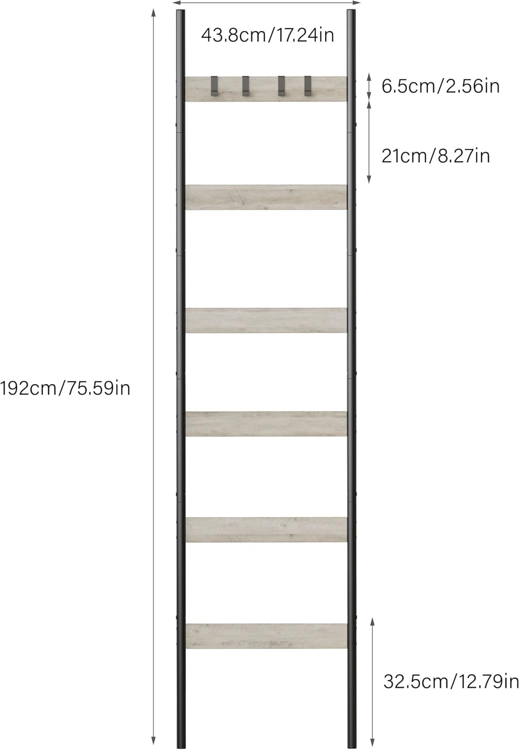 Blanket Ladder, 5-Tier Towel Holder with 4 Removable Hooks, Farmhouse Wall Leaning Decorative Rack Shelf, Wooden Towel Display Rack, Quilt Ladder for Living Room, Bedroom, Rustic Brown