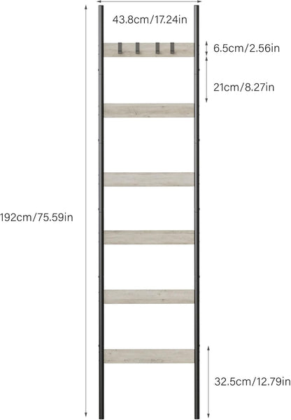 Blanket Ladder, 5-Tier Towel Holder with 4 Removable Hooks, Farmhouse Wall Leaning Decorative Rack Shelf, Wooden Towel Display Rack, Quilt Ladder for Living Room, Bedroom, Rustic Brown