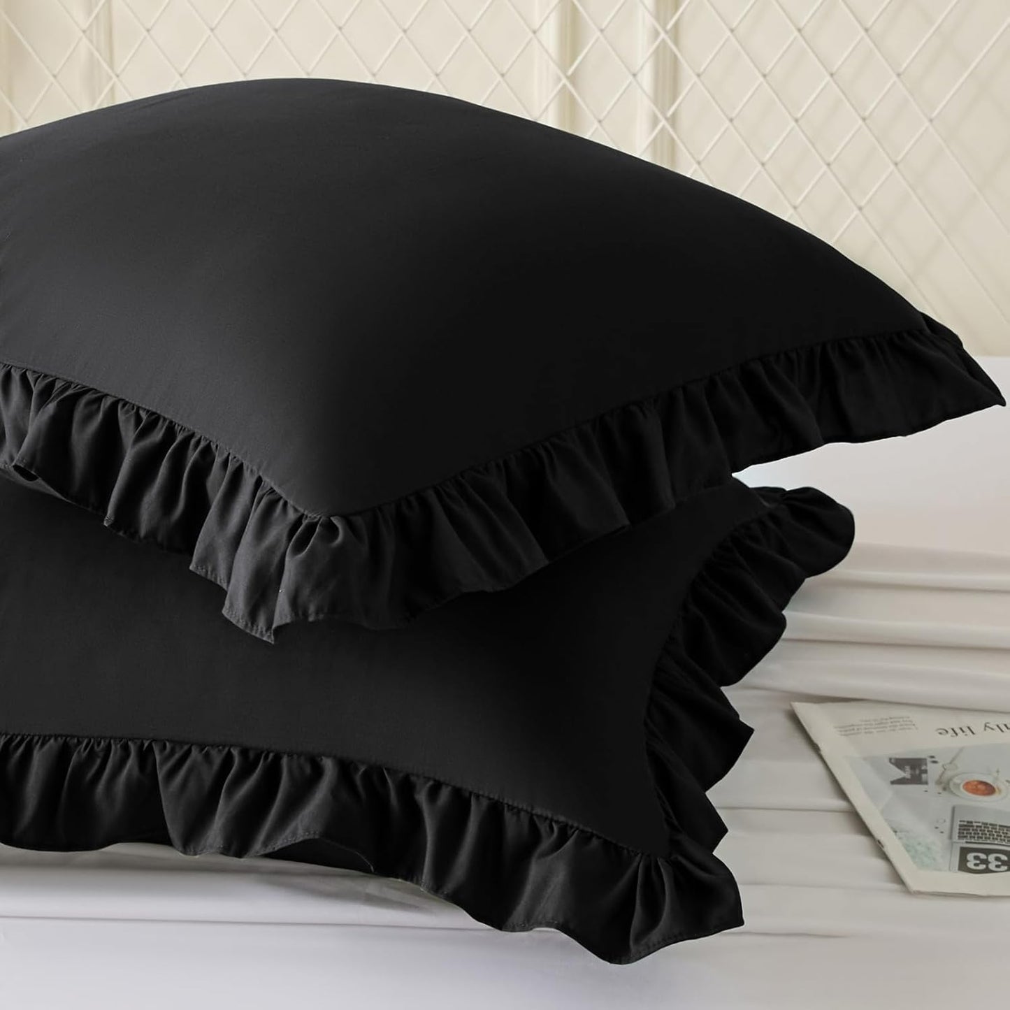 KKJIAF Ruffle Pillow Cases 26x26 Inches, White Square Ruffled Pillow Covers Set of 2, Microfiber Wrinkle Resistant Pillow Shams with Envelope Closure for Sofa Bed Living Room