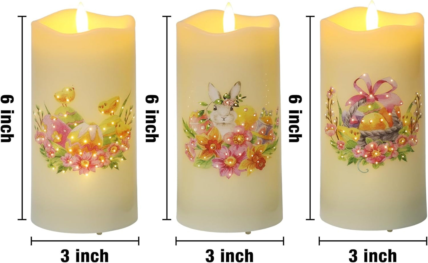 Eywamage Fiber Optic Flameless Pillar Candles with Remote Set of 3, Butterfly Floral Spring LED Candles Battery Operated Gift Φ 3" H 6"