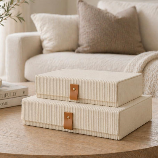 cherish & dwell Beautiful Cozy Corduroy Decorative Storage Boxes with Lids – Set of 2 Keepsake Boxes for Photos, Documents and Home Decor Accents - Giftable Memory Boxes for Mom