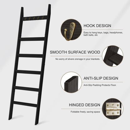 TEAKMAMA 6-Tier Blanket Ladder for Living Room and Bedroom,5.4 Ft Wall Leaning Quilt Rack with Hooks,Rustic Decorative Farmhouse Blanket Storage,Stylish Ladder Holder,Christmas Decorations,Black