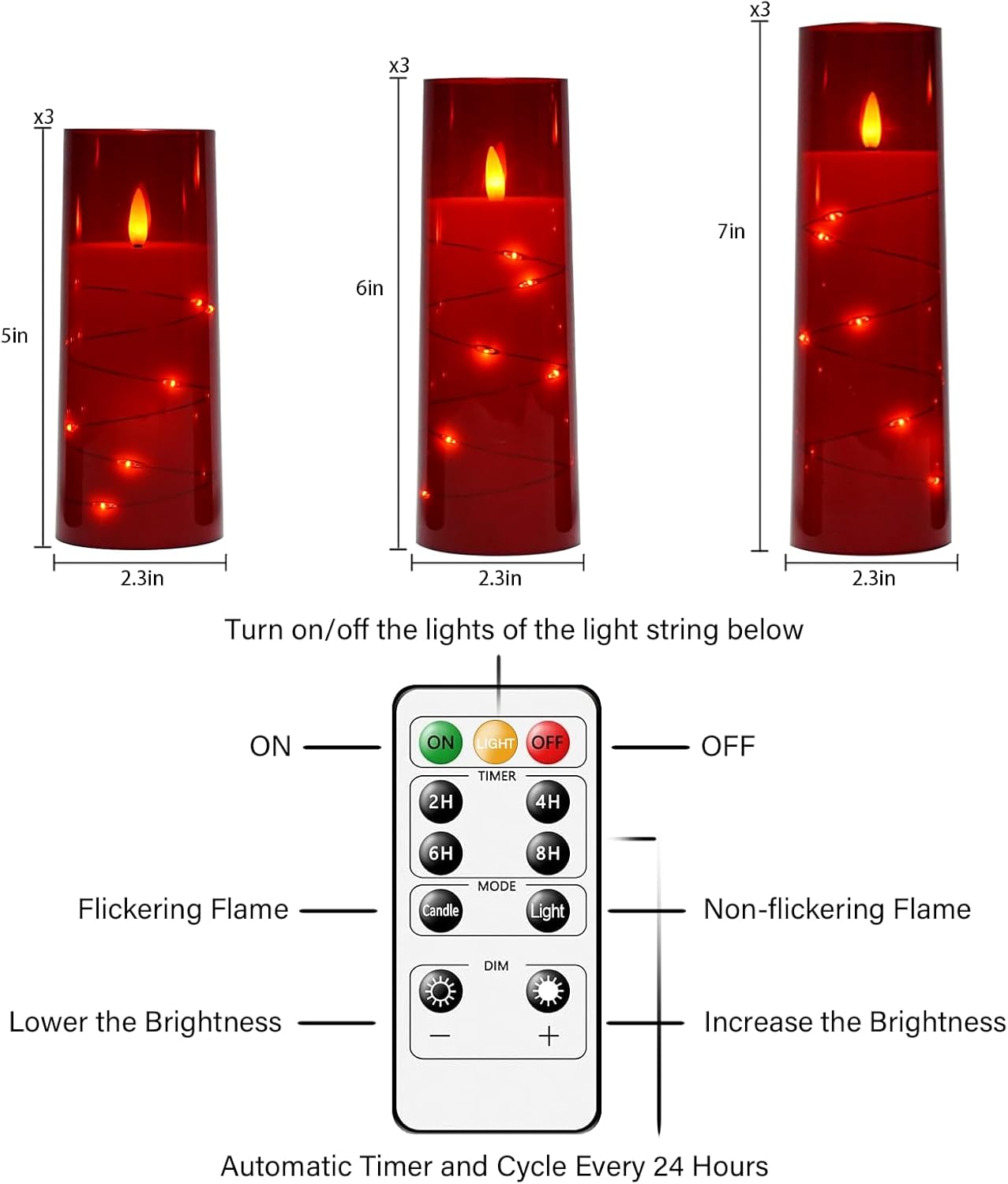Nimiko Flickering Flameless LED Candles, 9 Pcs with Embedded Star String, Acrylic LED Pillar Candles with Remote, Suitable for Home Decoration (White)