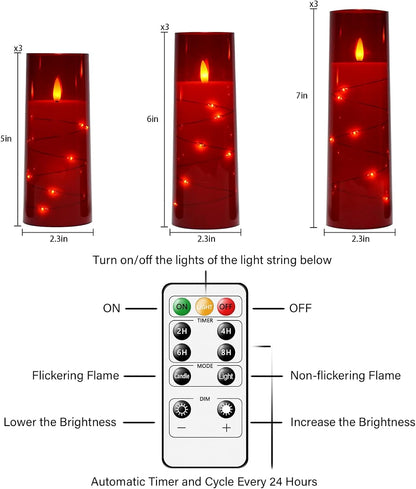 Nimiko Flickering Flameless LED Candles, 9 Pcs with Embedded Star String, Acrylic LED Pillar Candles with Remote, Suitable for Home Decoration (White)